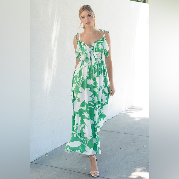 (20590-FLO-LIME) FLORAL PRINT RUFFLE V NECK MAXI DRESS - Picture 4 of 4